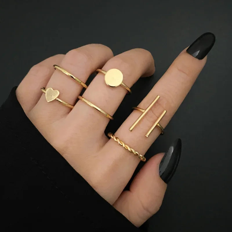 7pcs Fashion Jewelry Rings Set Metal Hollow Round Opening Ring.