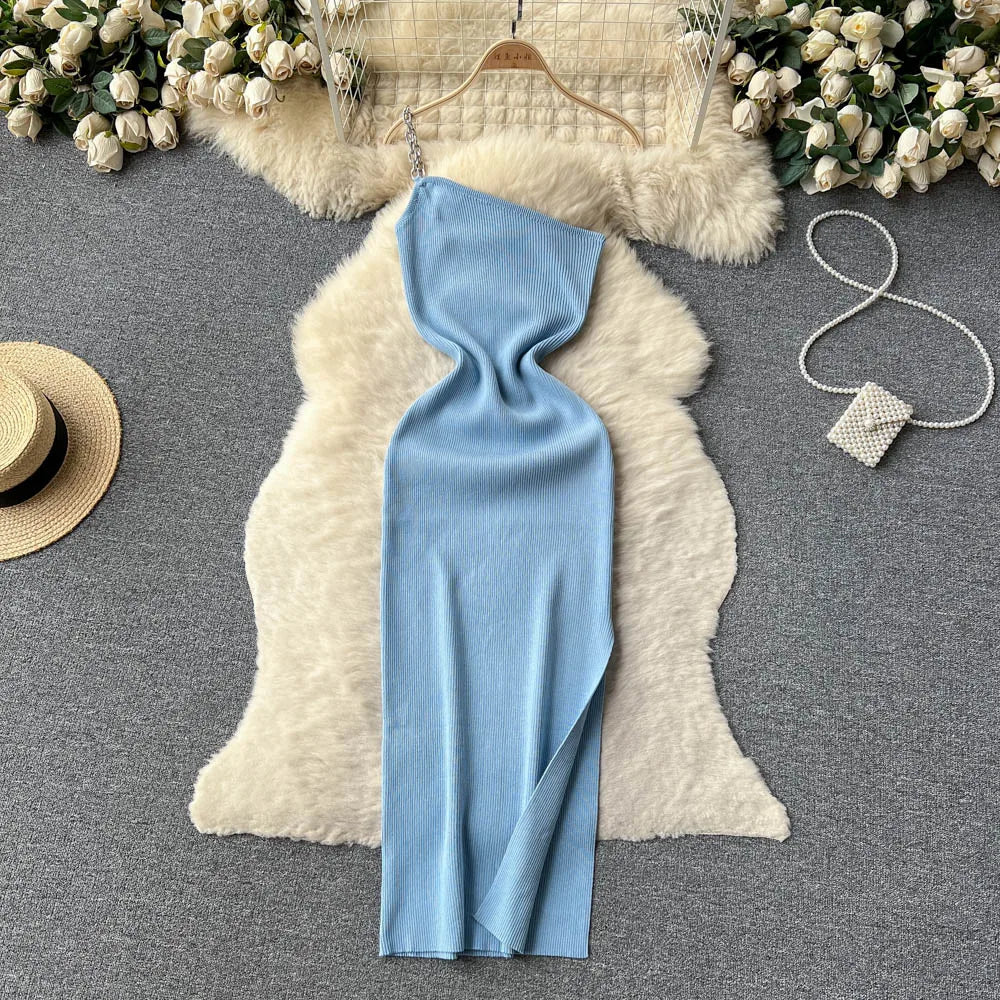 YuooMuoo Autumn Chains One-Shoulder Knitted Dress High Split Wrap Hips Bodycon.