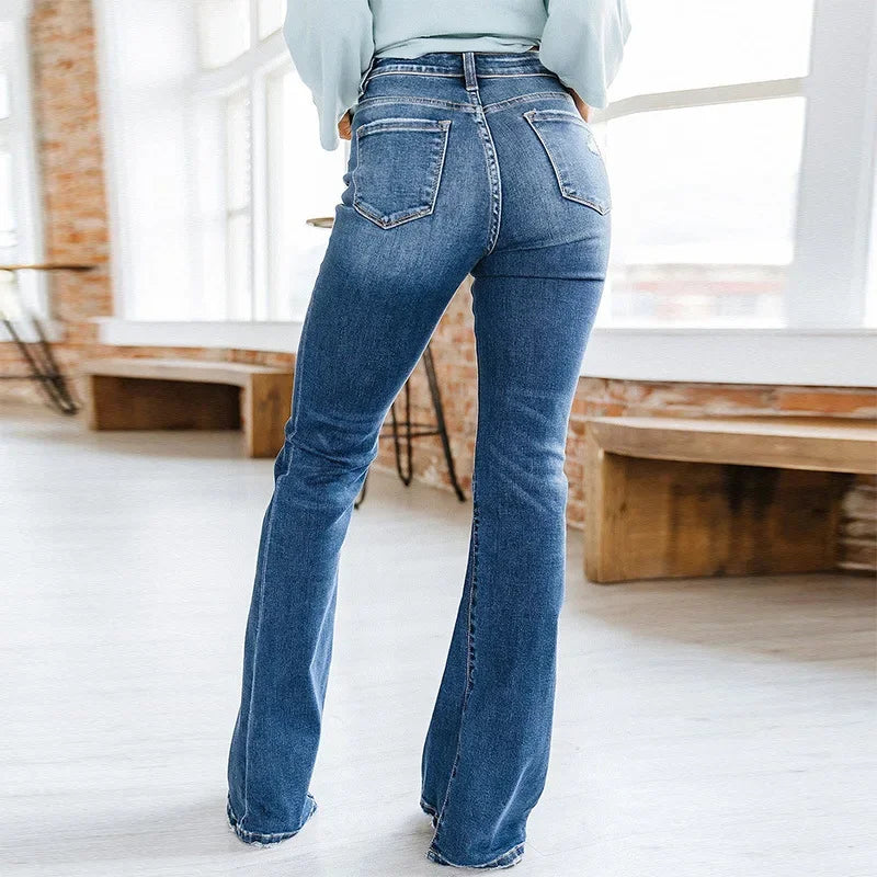 High-waist Splicing Flared, Temperament Washed High-waist Jeans.