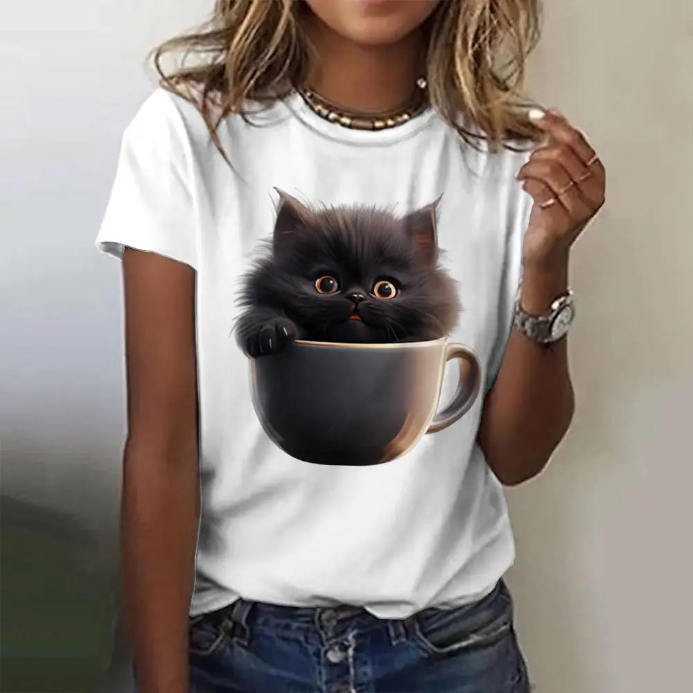 Summer Women's T Shirt Cat Print Casual.