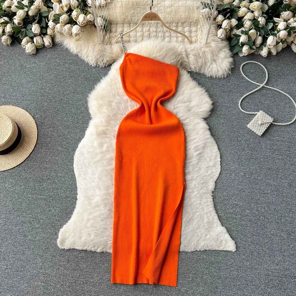 YuooMuoo Autumn Chains One-Shoulder Knitted Dress High Split Wrap Hips Bodycon.