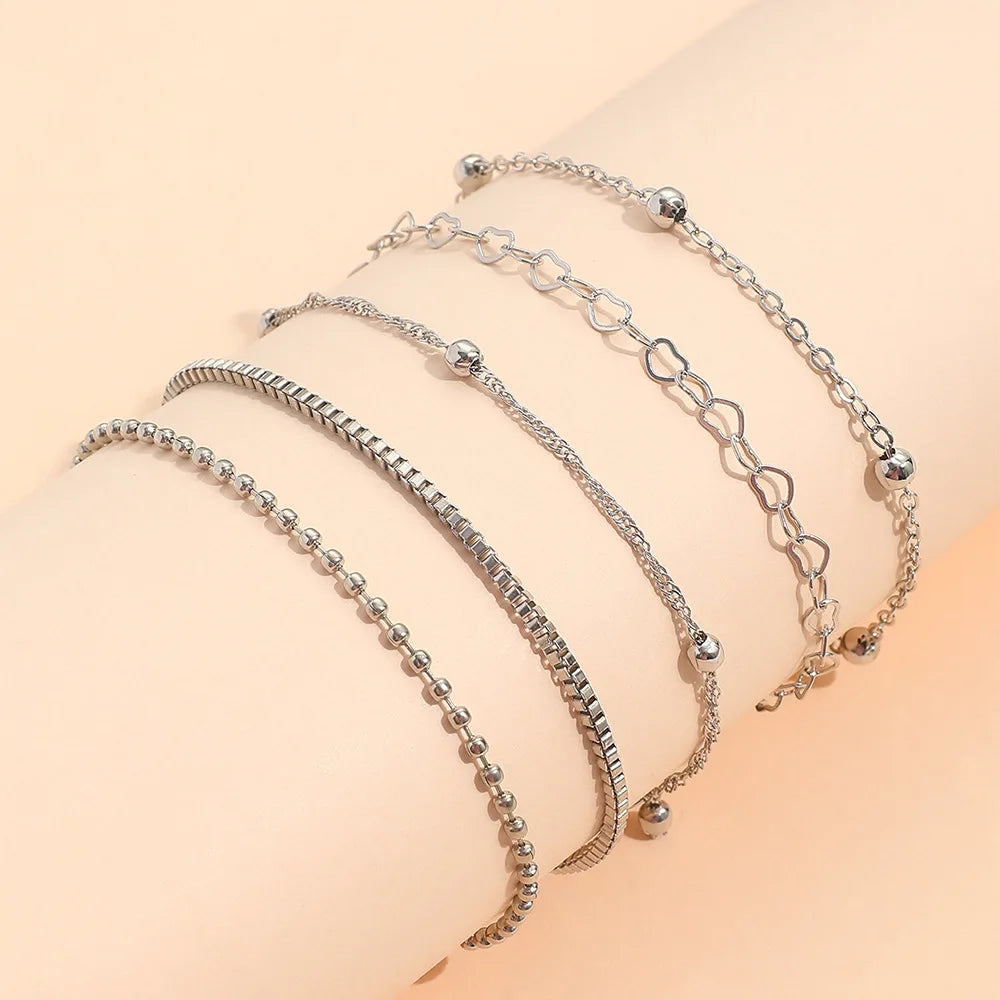 5Pcs/Set New Silver Color Multilayer Interlocking Hearts Bracelet Retro Bangle.