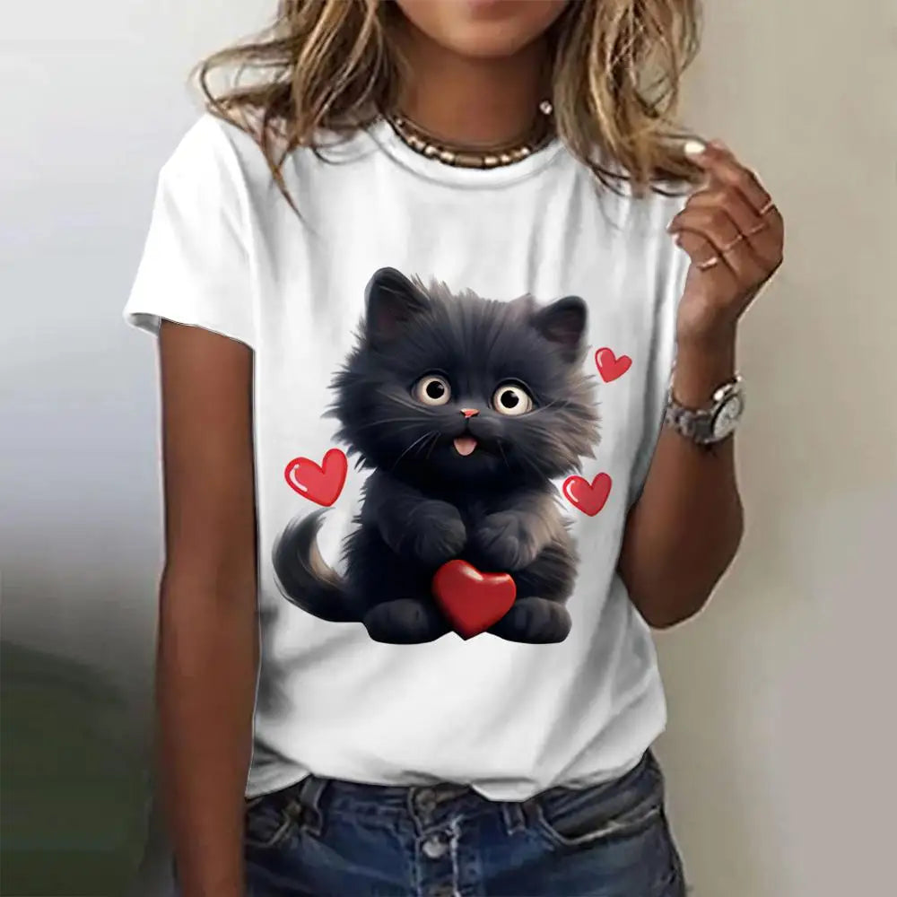 Summer Women's T Shirt Cat Print Casual.