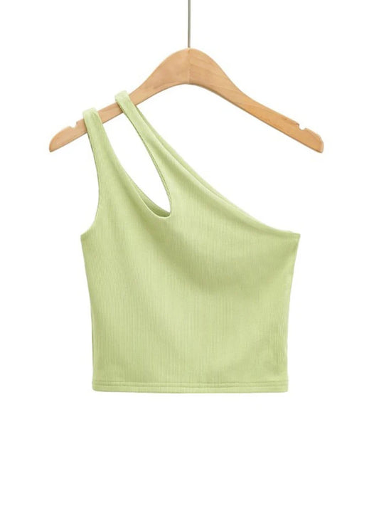 Sexy Crop Top Solid Stretch Fit Knit Sleeveless One Shoulder Hollow Out Basic Backless Tank Top.