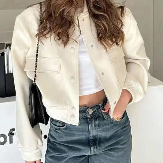 White Autumn Winter Button Baseball Aviator Cropped Jacket