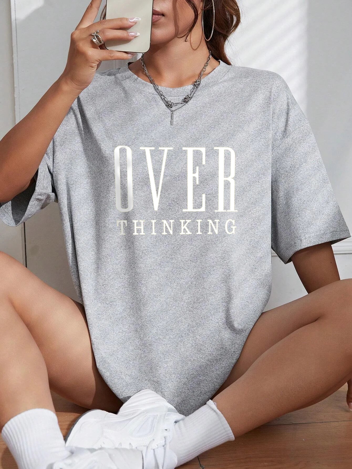 Over Thinking Letter Print Breathable Vintage O-Neck T-Shirt.