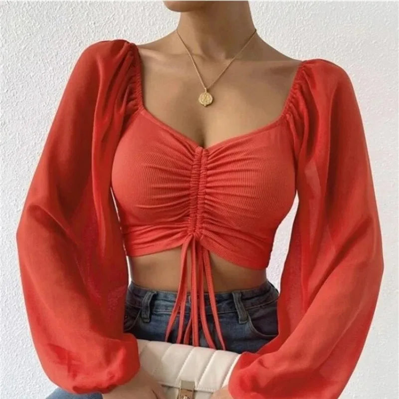 Sexy Women Mesh Lantern Sleeves Wrap Chest Bare Midriff T Shirt.