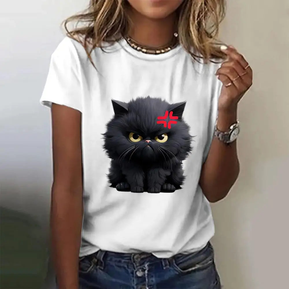 Summer Women's T Shirt Cat Print Casual.