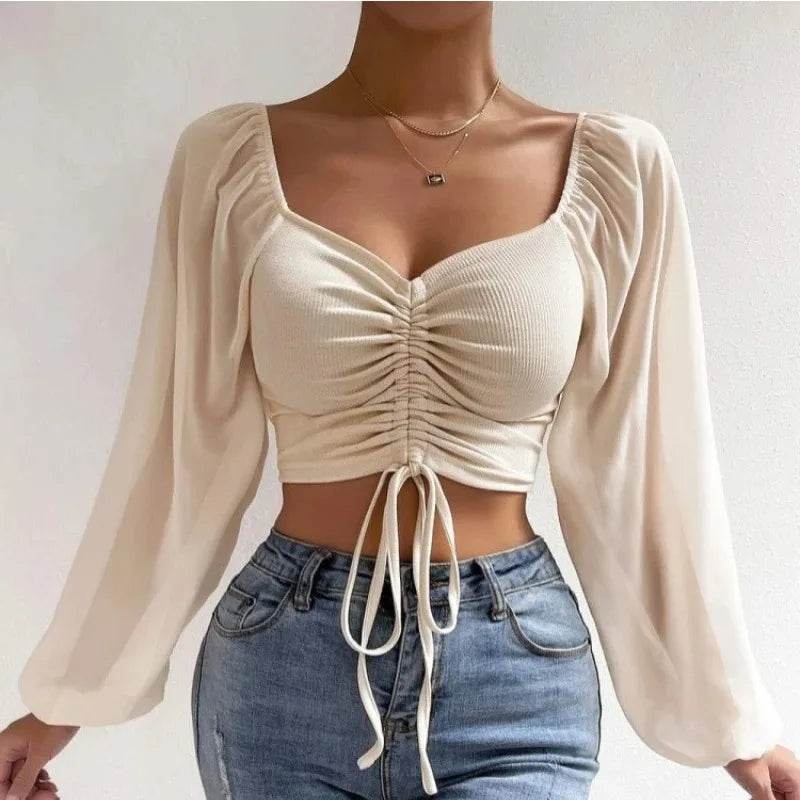 Sexy Women Mesh Lantern Sleeves Wrap Chest Bare Midriff T Shirt.