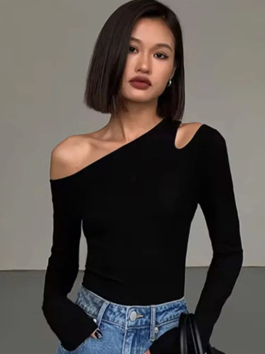 Skew Collar Off-shoulder Long-sleeved T-shirts.