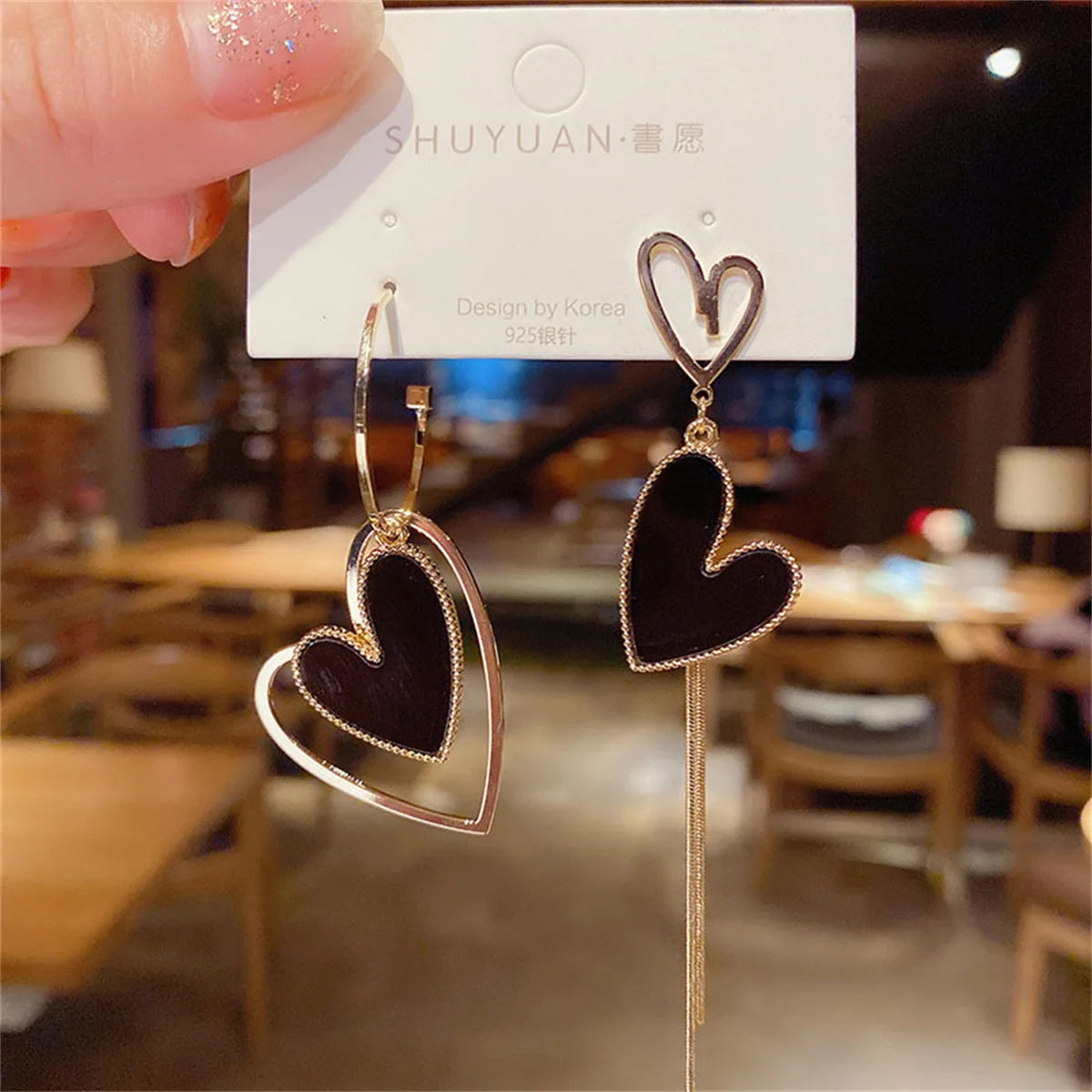 Asymmetric Hollow Black Heart Dangle Earrings.