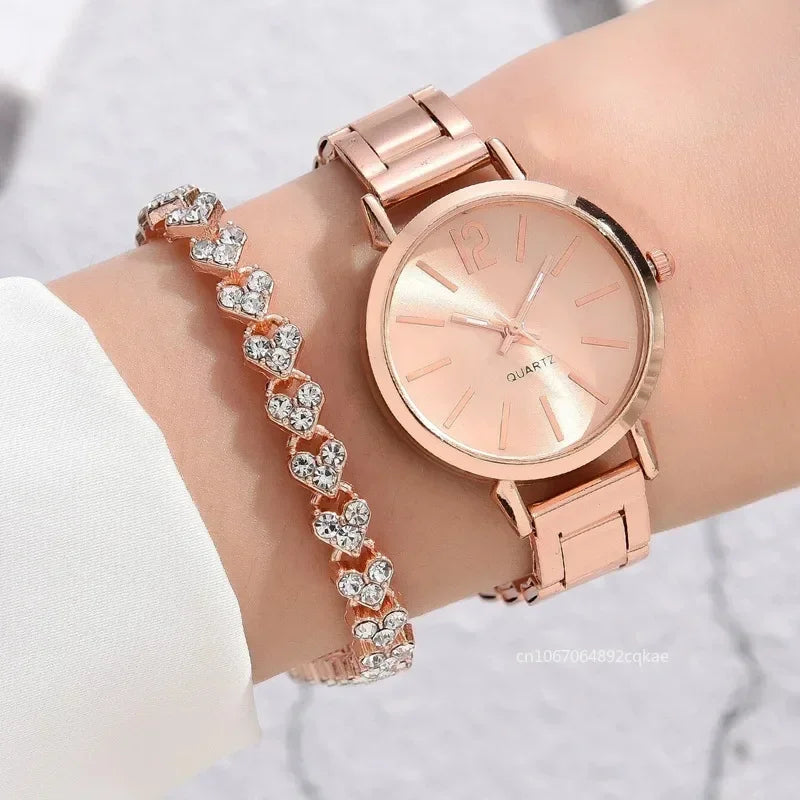 Ladies Simple Digital Alloy with Quartz Watch Bracelet 2pcs Set.