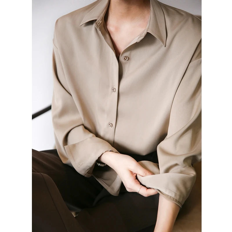 Spring Fashion Button Up Silk Shirt Vintage Blouse.