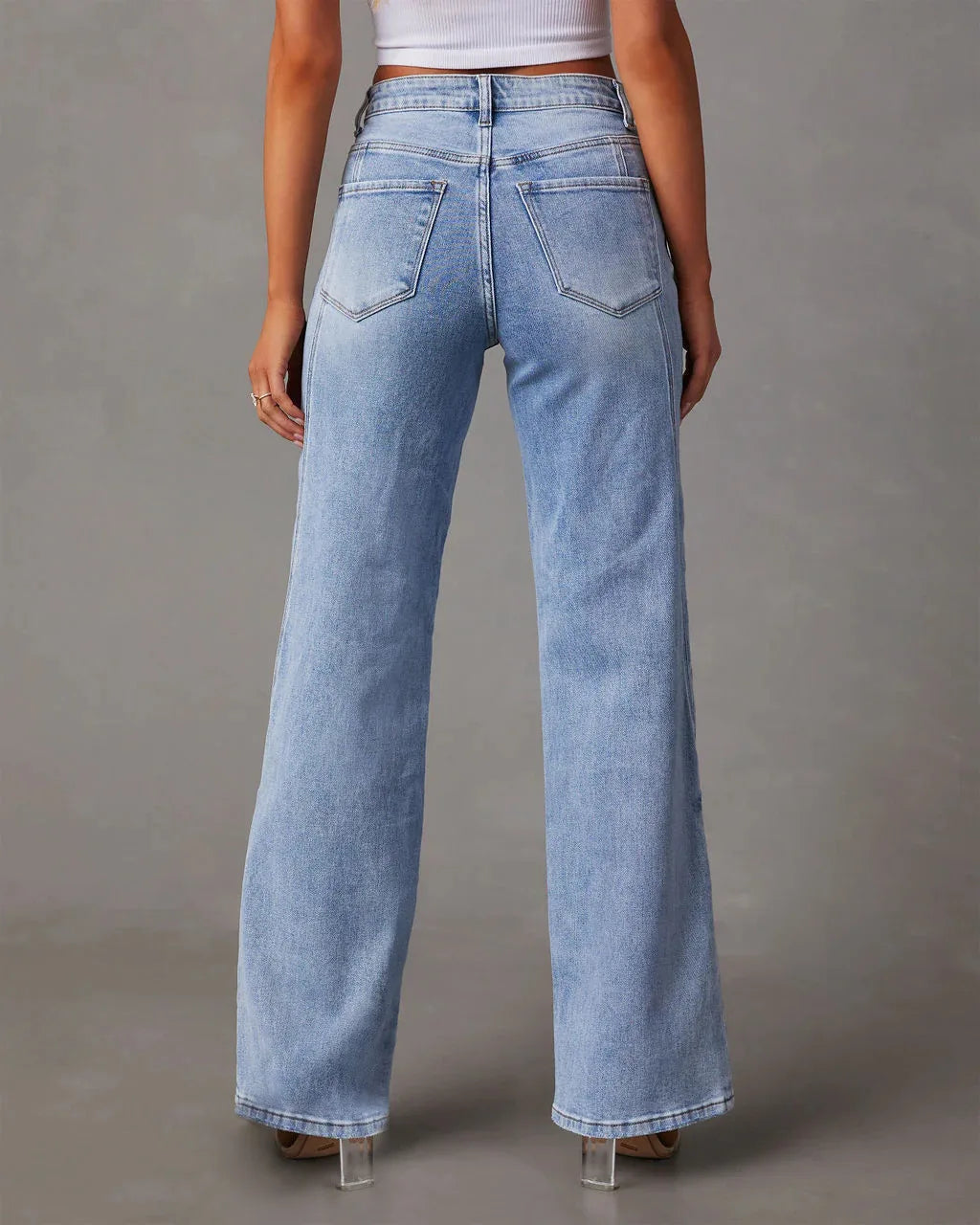 Mid-waist Pocket Washed Loose Splicing Wide-leg Jeans.