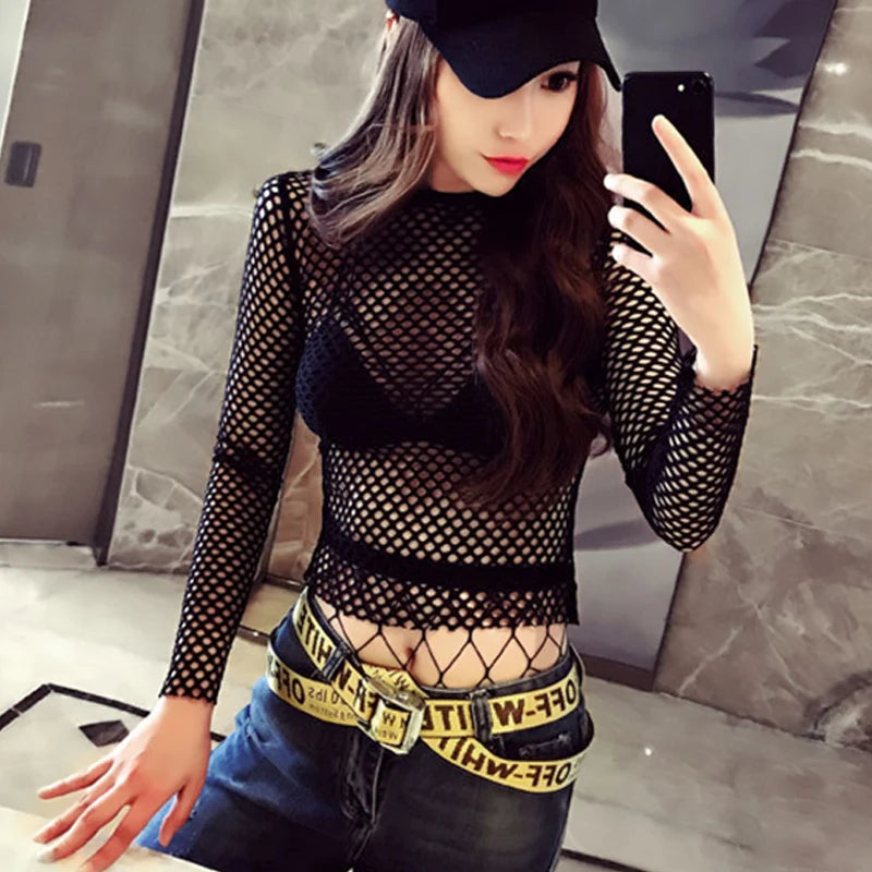 Sexy T-shirt for Women Goth Black Skinny Mesh See Through Long Sleeve Tees.