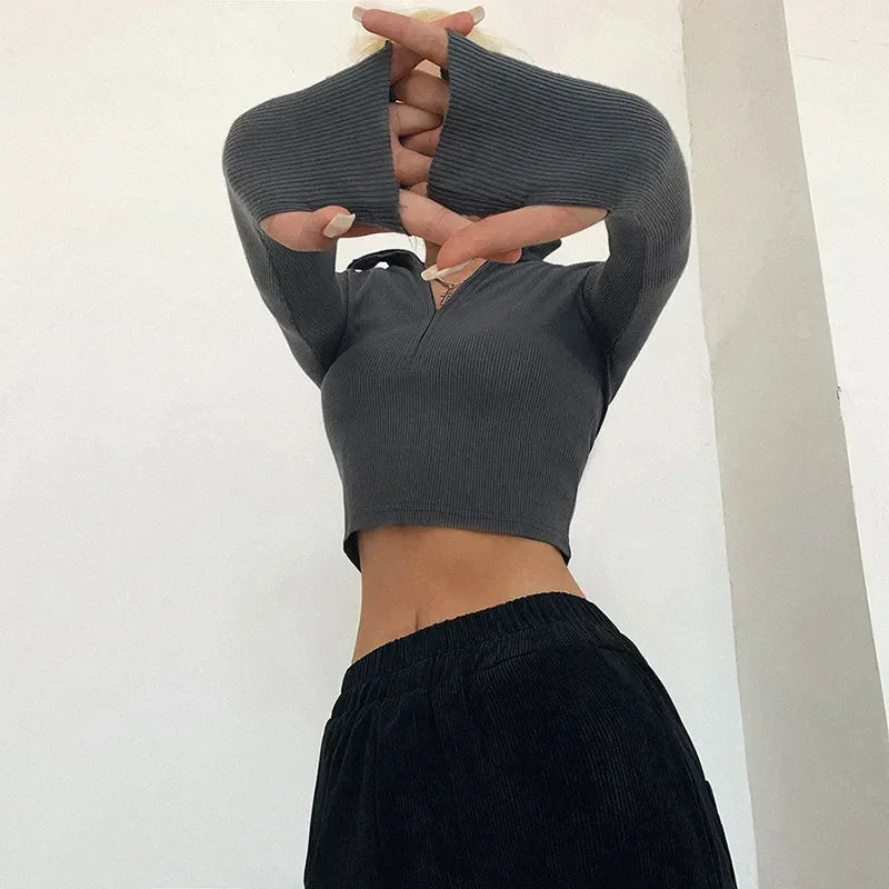 T-shirt Turtleneck Zipper Crop Tops.