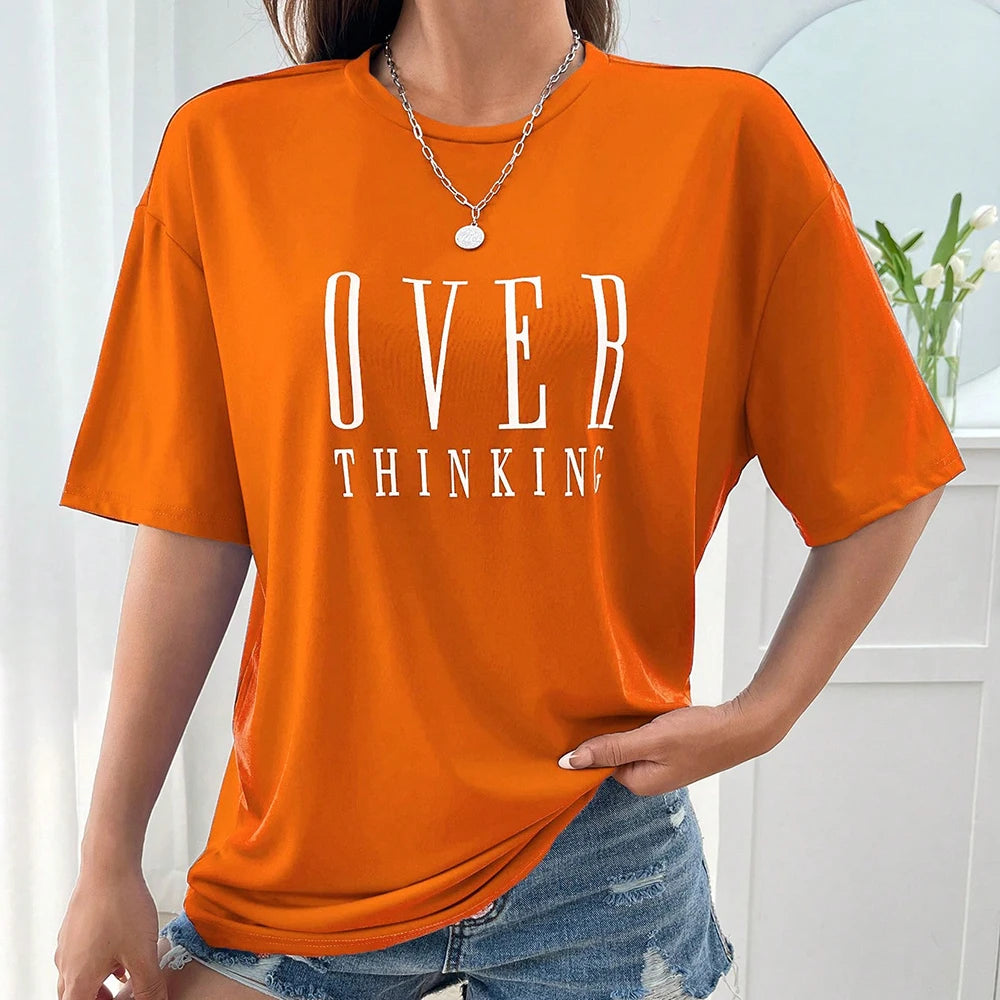 Over Thinking Letter Print Breathable Vintage O-Neck T-Shirt.