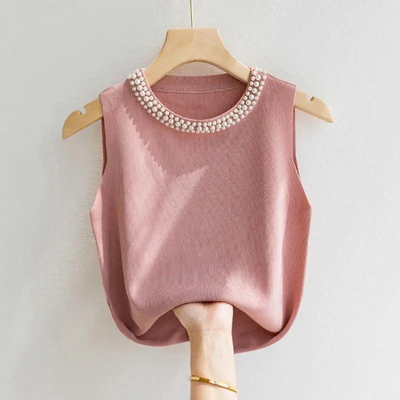 Knitted Vests Top Solid Tank Blusas Sleeveless Beading Casual Tops Thin Mujer De Moda.