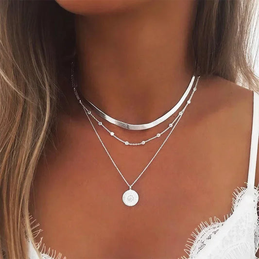 925 Sterling Silver Three-Layer Round Necklace.