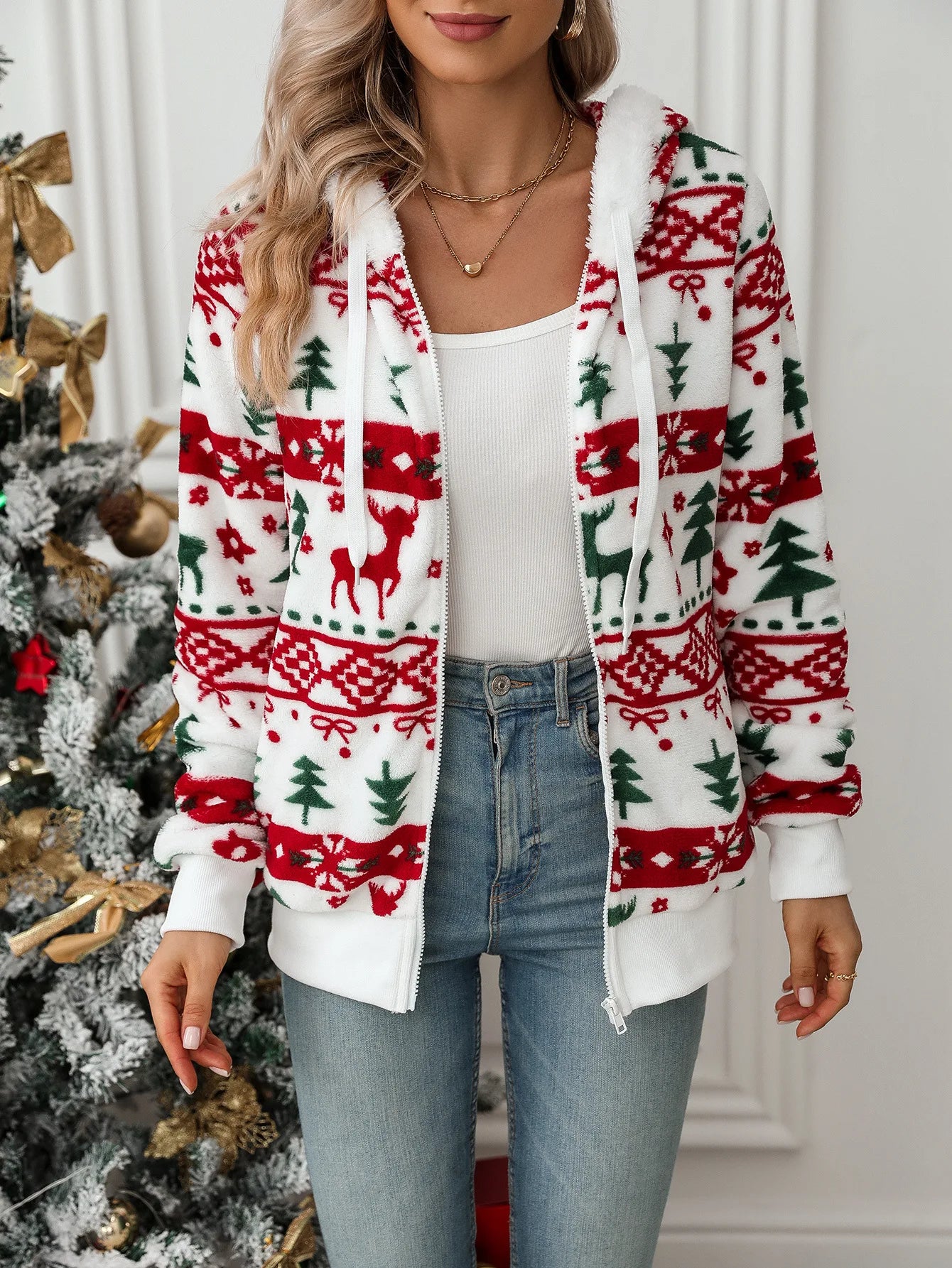 FairyShely 2024 Autumn Christmas Print Hooded Women’s Jacket