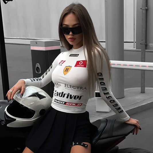 European and American hot girls 2024 new motorcycle style letter print round neck long sleeve slim tops