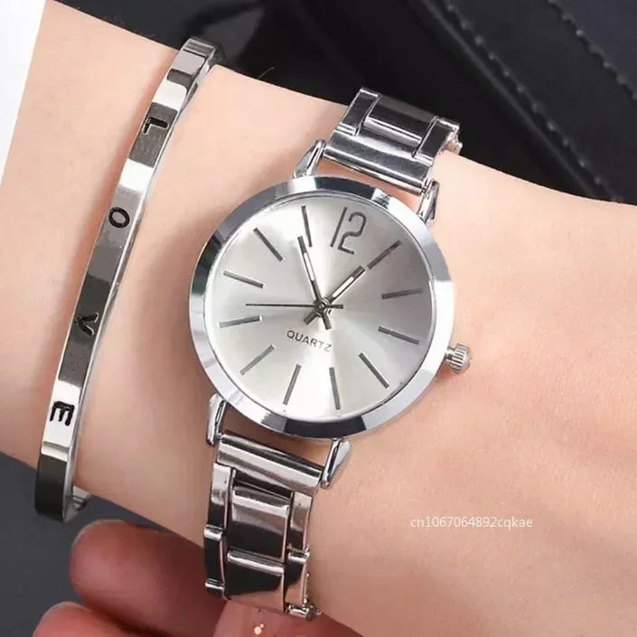 Ladies Simple Digital Alloy with Quartz Watch Bracelet 2pcs Set.