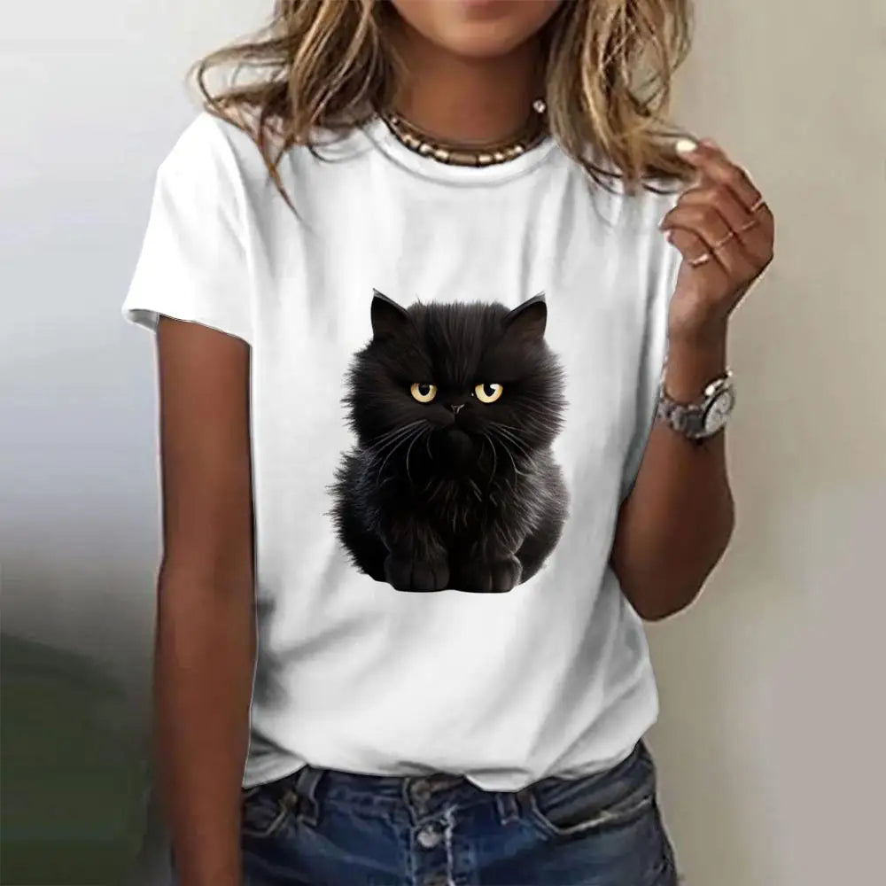 Summer Women's T Shirt Cat Print Casual.