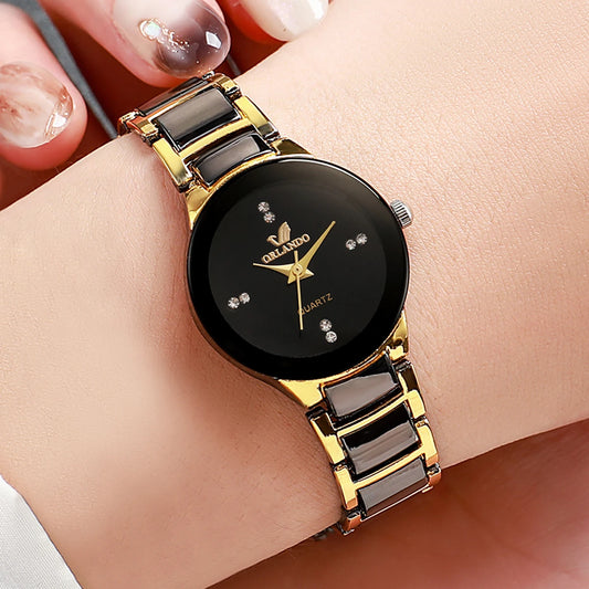 Rhinestone Stainless Steel Band Analog Quartz Watch.