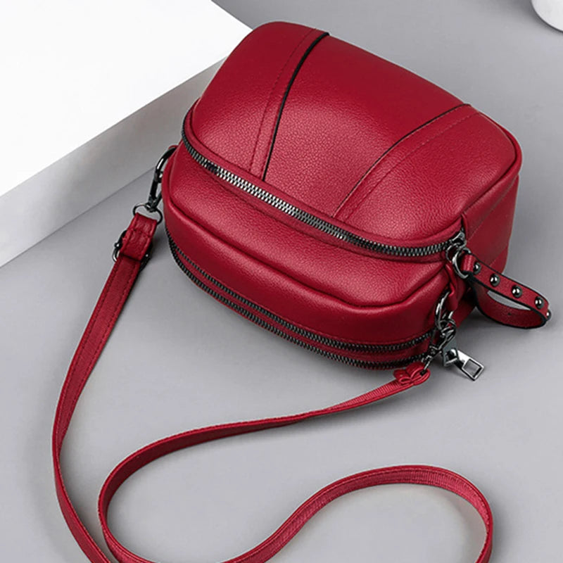 Solid Color Fashionable Rivet Zipper Bag Simple Soft Leather.