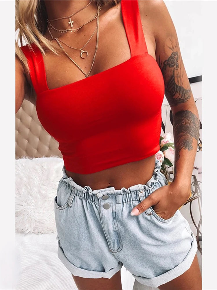 Square Neck Sleeveless Summer Crop Top.