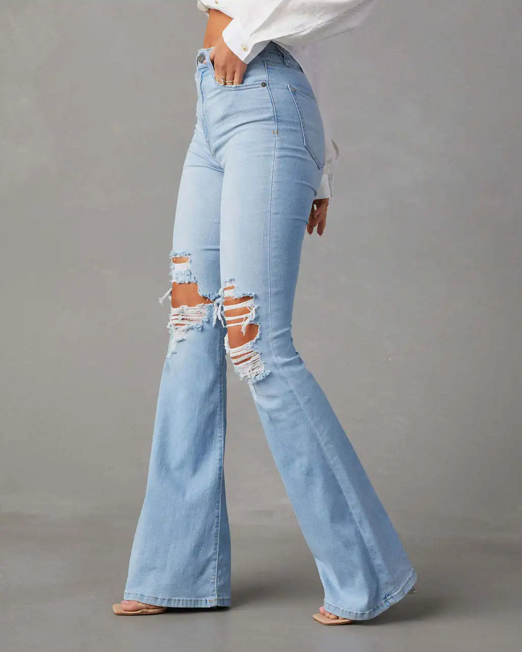 Blue Jeans Casual Long Flare Slim High Waist.