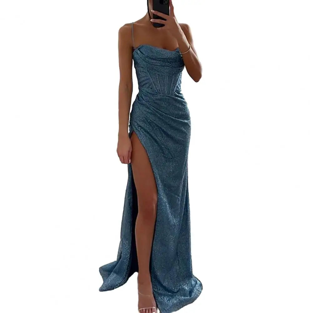 Summer Bodycon Dress Shiny Sequins Spaghetti Strap Split High Waist.