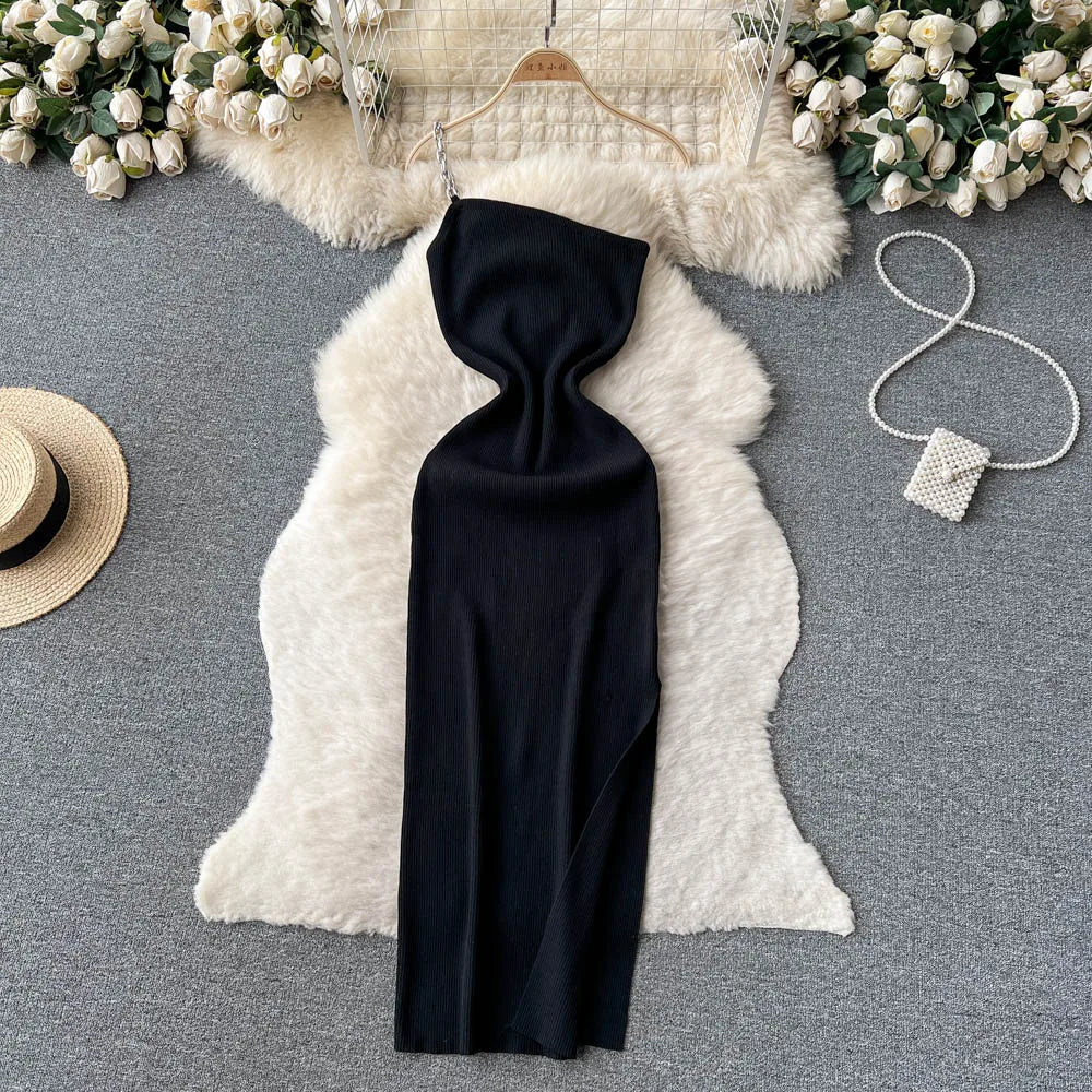 YuooMuoo Autumn Chains One-Shoulder Knitted Dress High Split Wrap Hips Bodycon.