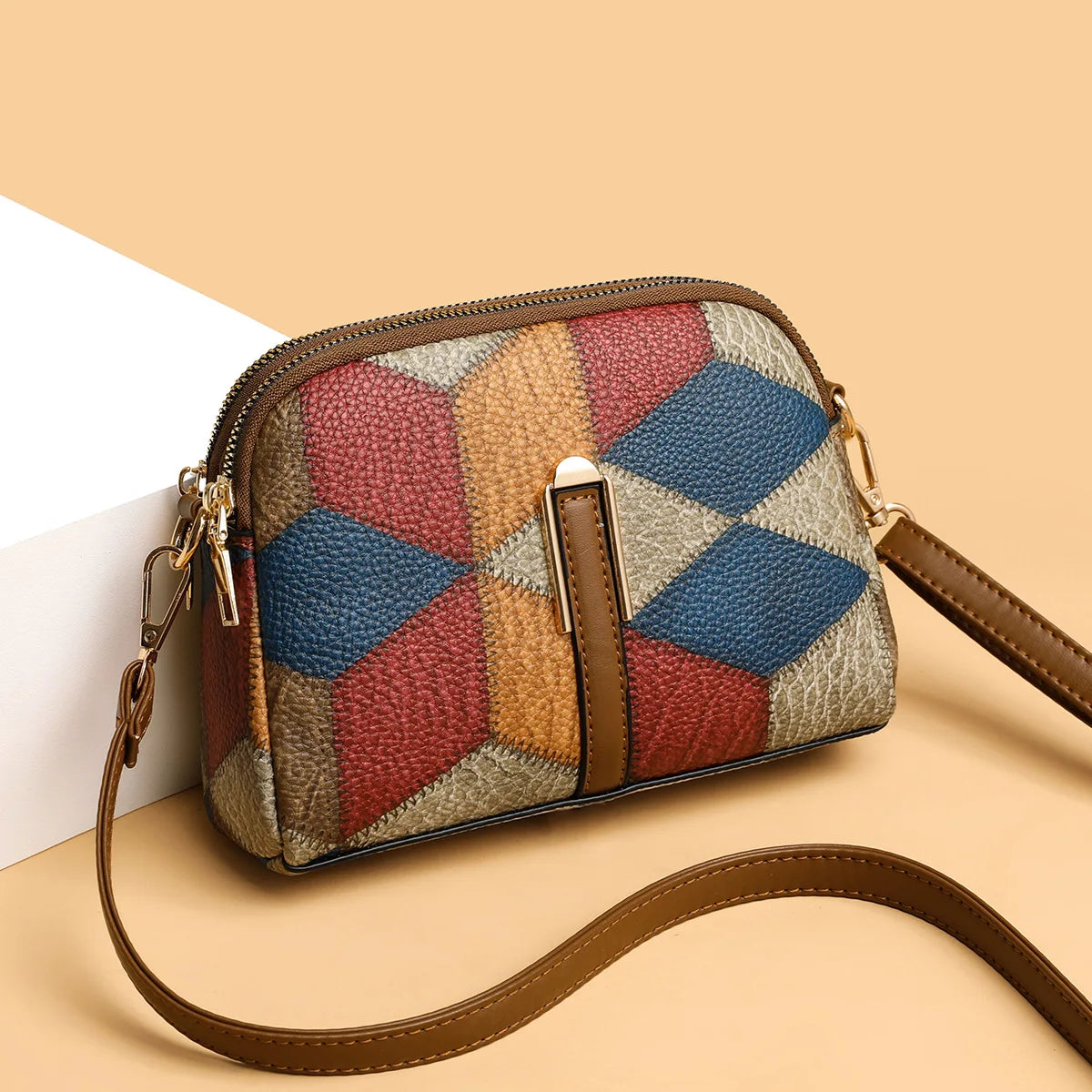 Color Block Shoulder Bag National Style Double Zipper Crossbody.