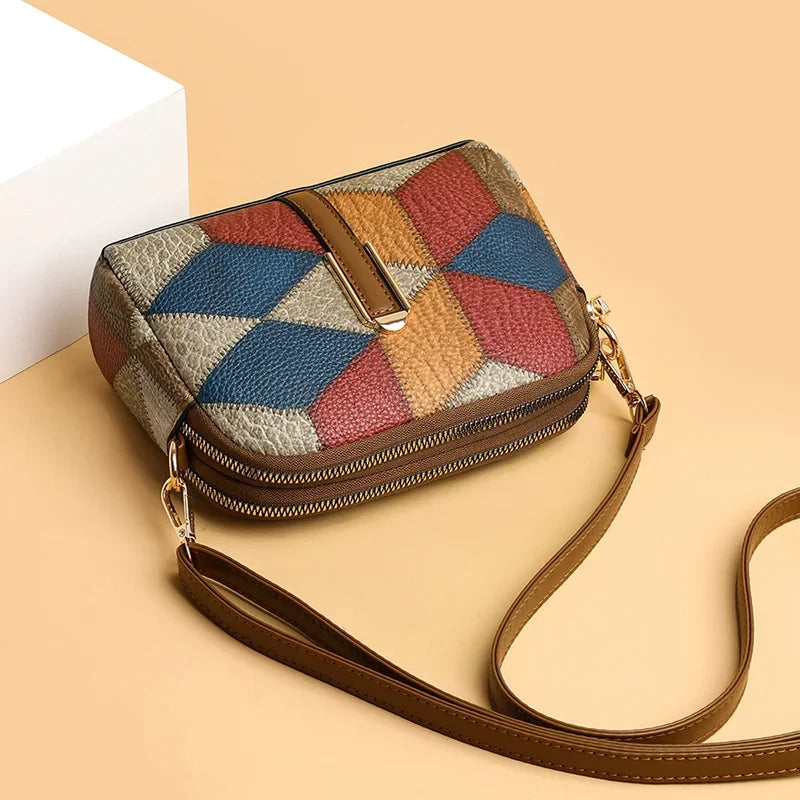 Color Block Shoulder Bag National Style Double Zipper Crossbody.