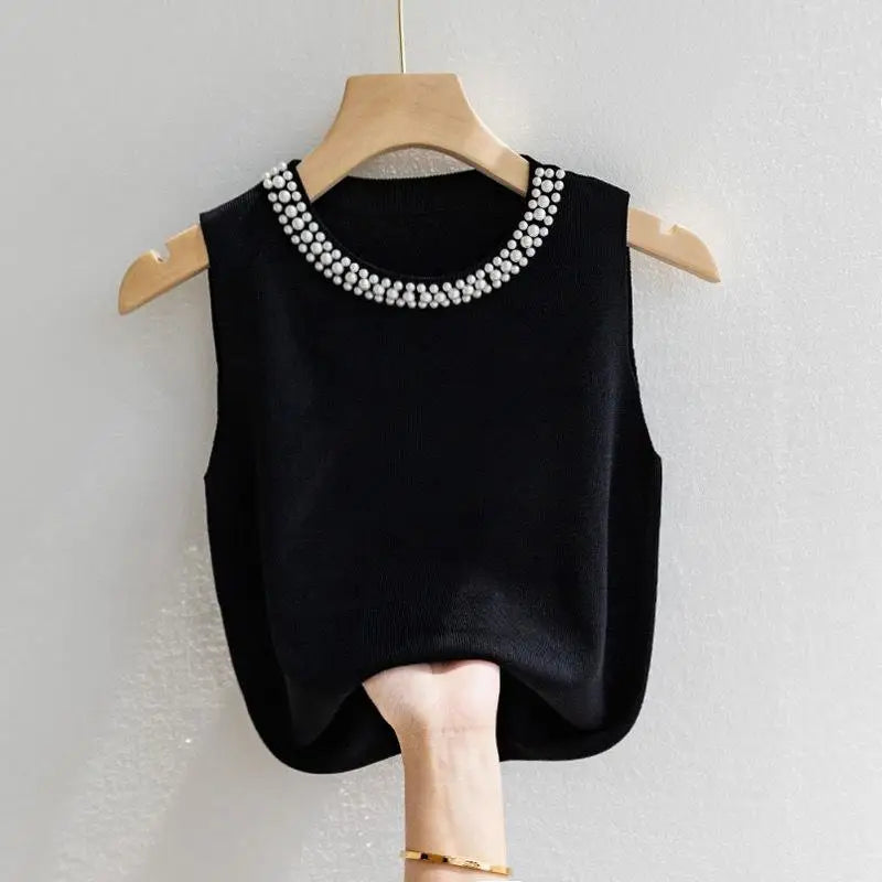 Knitted Vests Top Solid Tank Blusas Sleeveless Beading Casual Tops Thin Mujer De Moda.