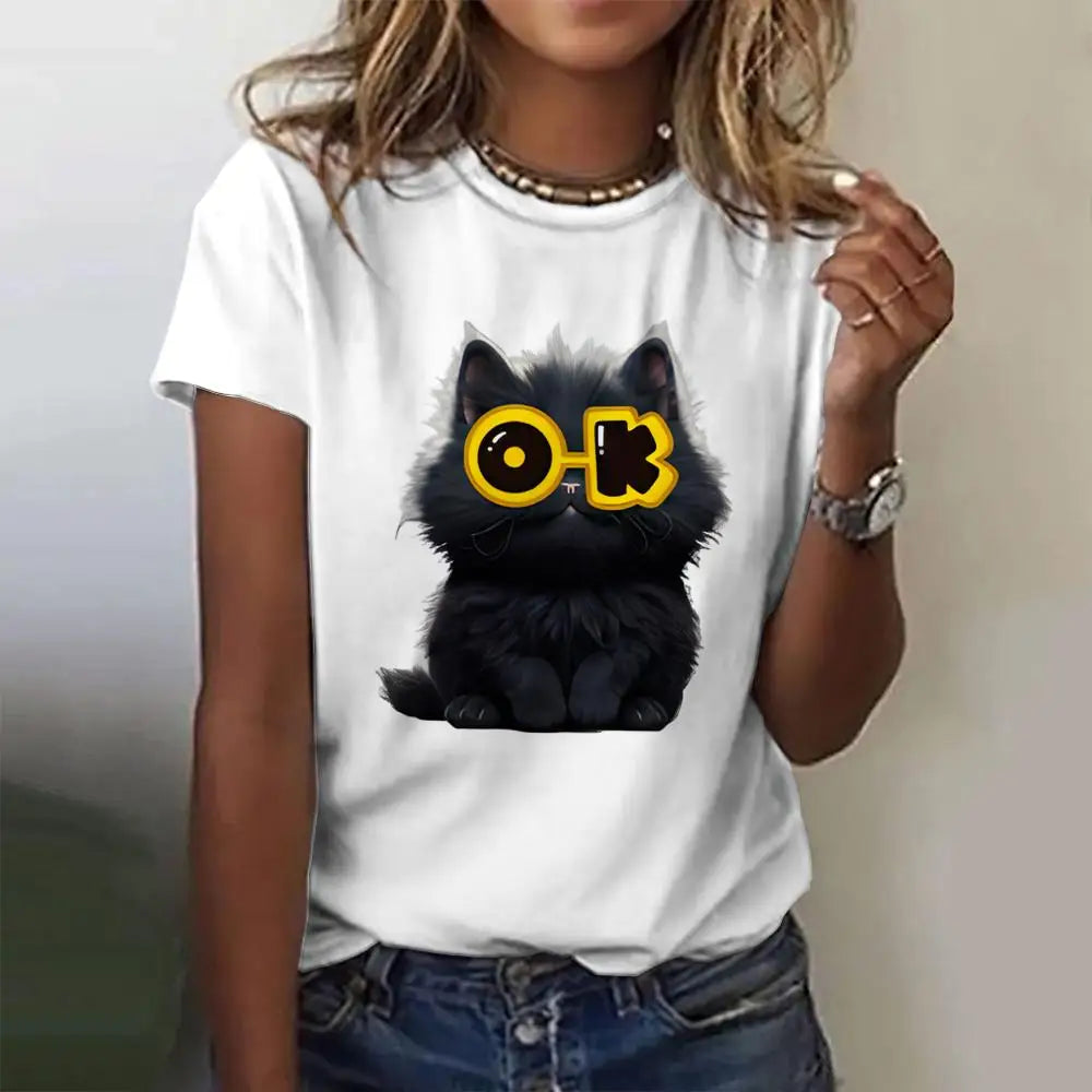 Summer Women's T Shirt Cat Print Casual.