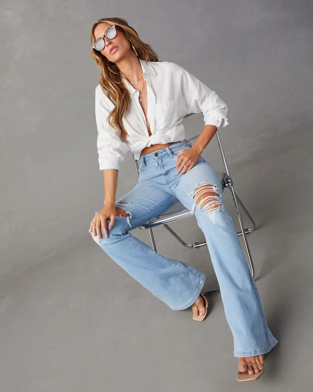 Blue Jeans Casual Long Flare Slim High Waist.