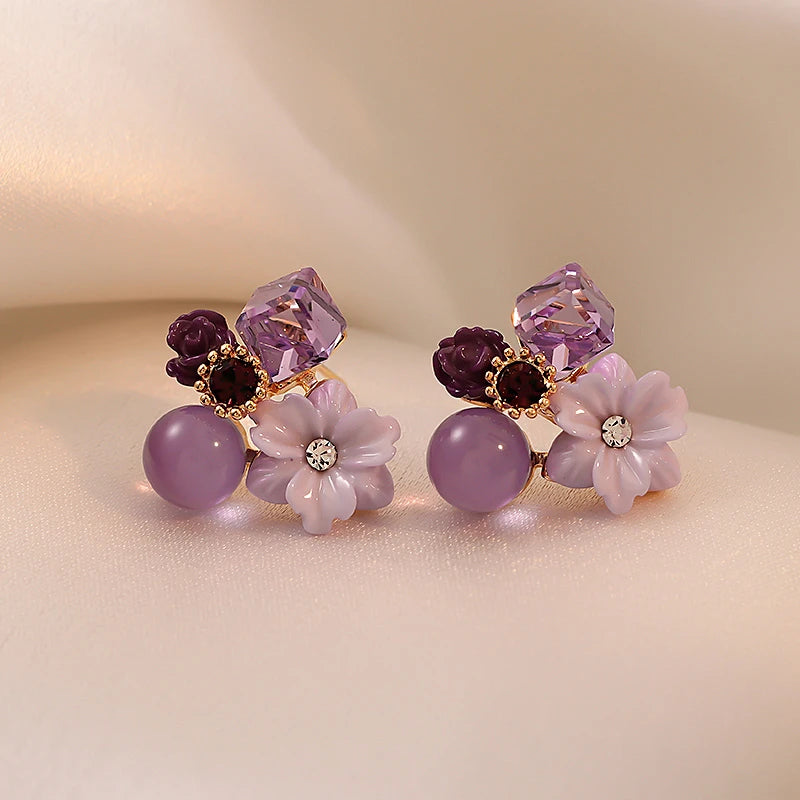 Purple Crystal Flower Earrings.