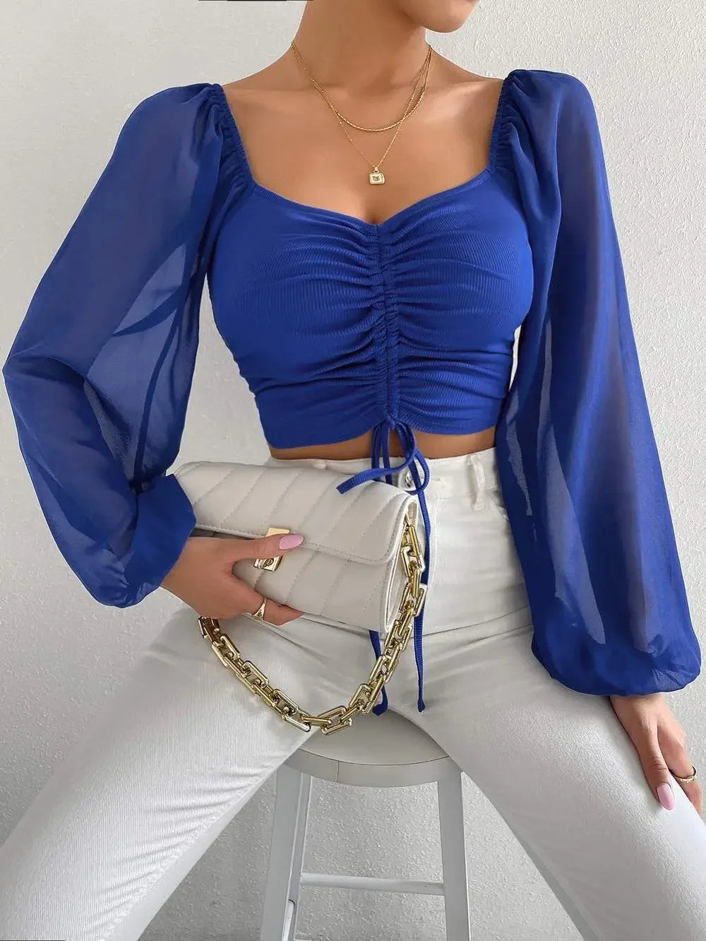 Sexy Women Mesh Lantern Sleeves Wrap Chest Bare Midriff T Shirt.