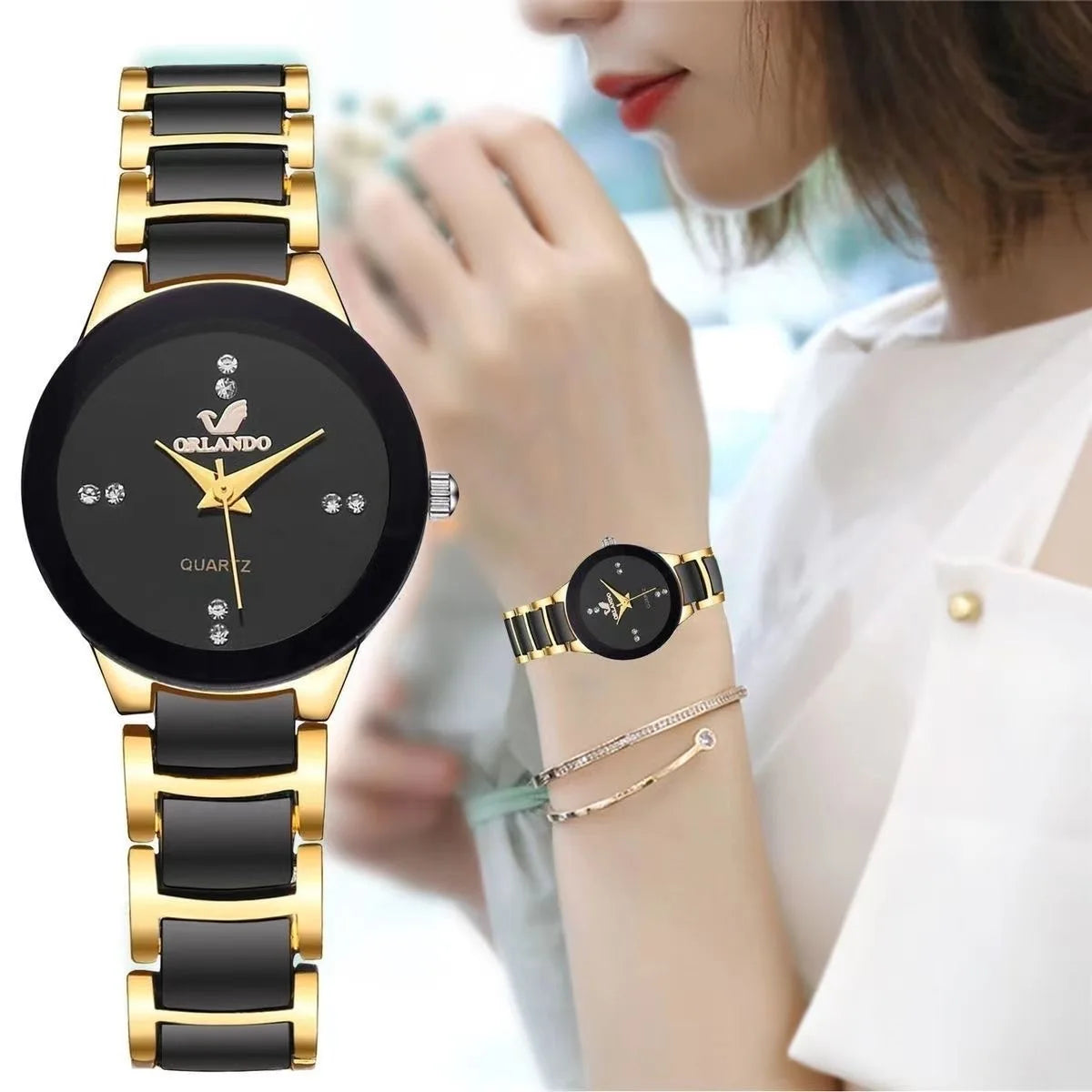 Rhinestone Stainless Steel Band Analog Quartz Watch.