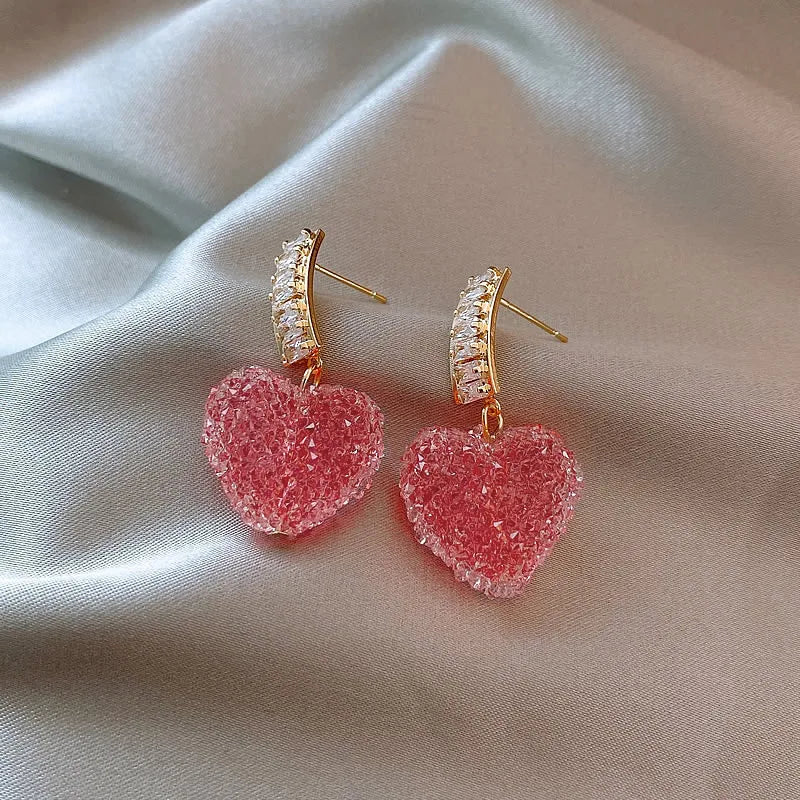 Trendy Lovely Pink Heart Dangle Crystal Earrings.