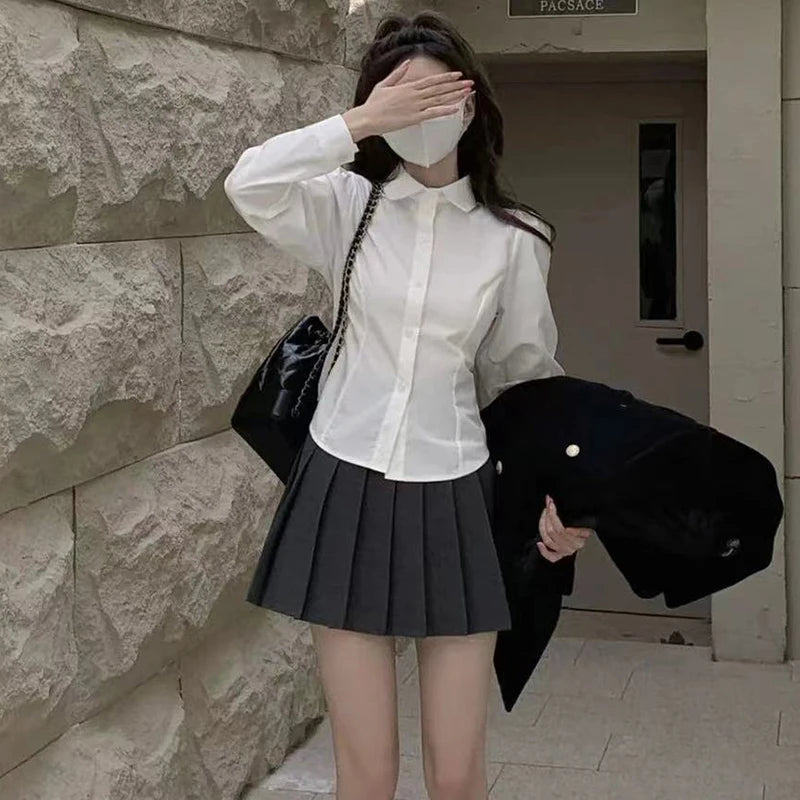 Women's White Shirt Preppy Style Long Sleeve Turndown School Girl 2024.