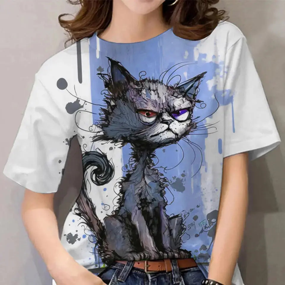 Summer Women's T Shirt Cat Print Casual.