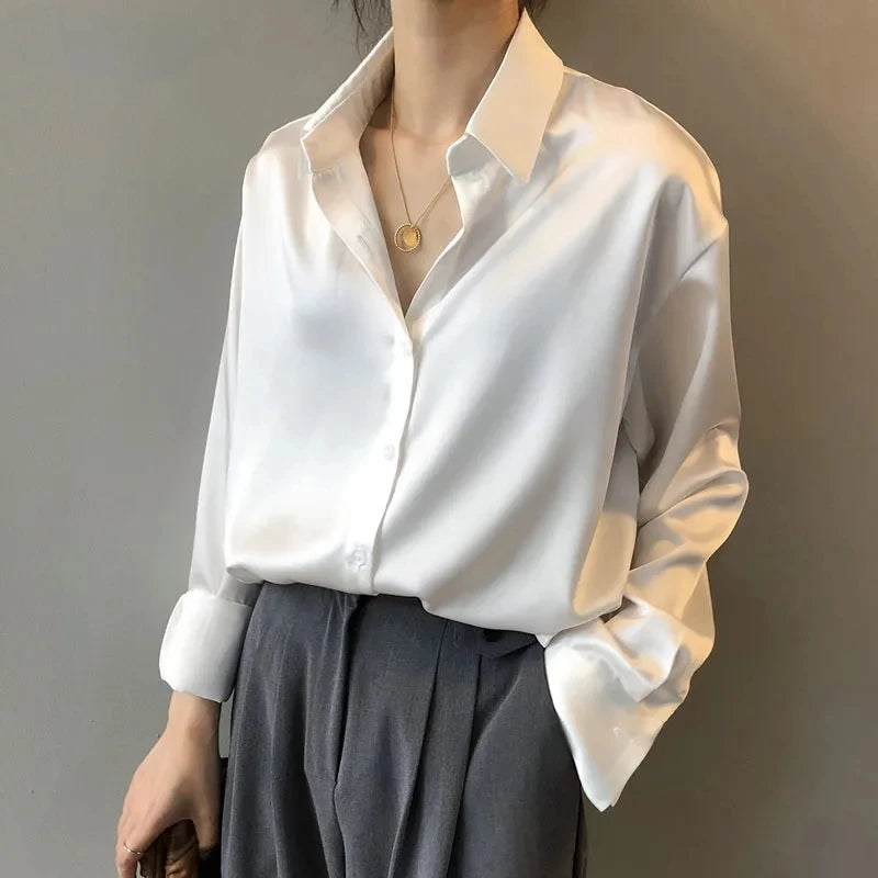 Spring Fashion Button Up Silk Shirt Vintage Blouse.