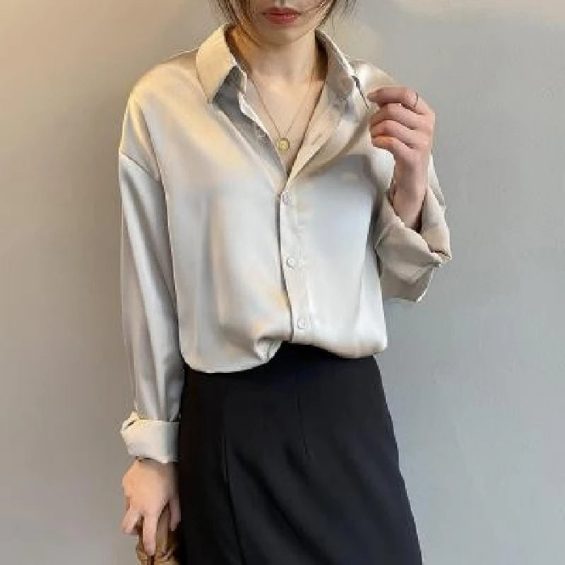 Spring Fashion Button Up Silk Shirt Vintage Blouse.