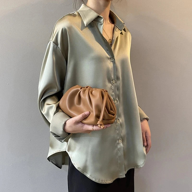 Spring Fashion Button Up Silk Shirt Vintage Blouse.