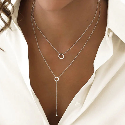 Sterling Silver Double Circle Zircon Pendant Long O-Chain Necklace.