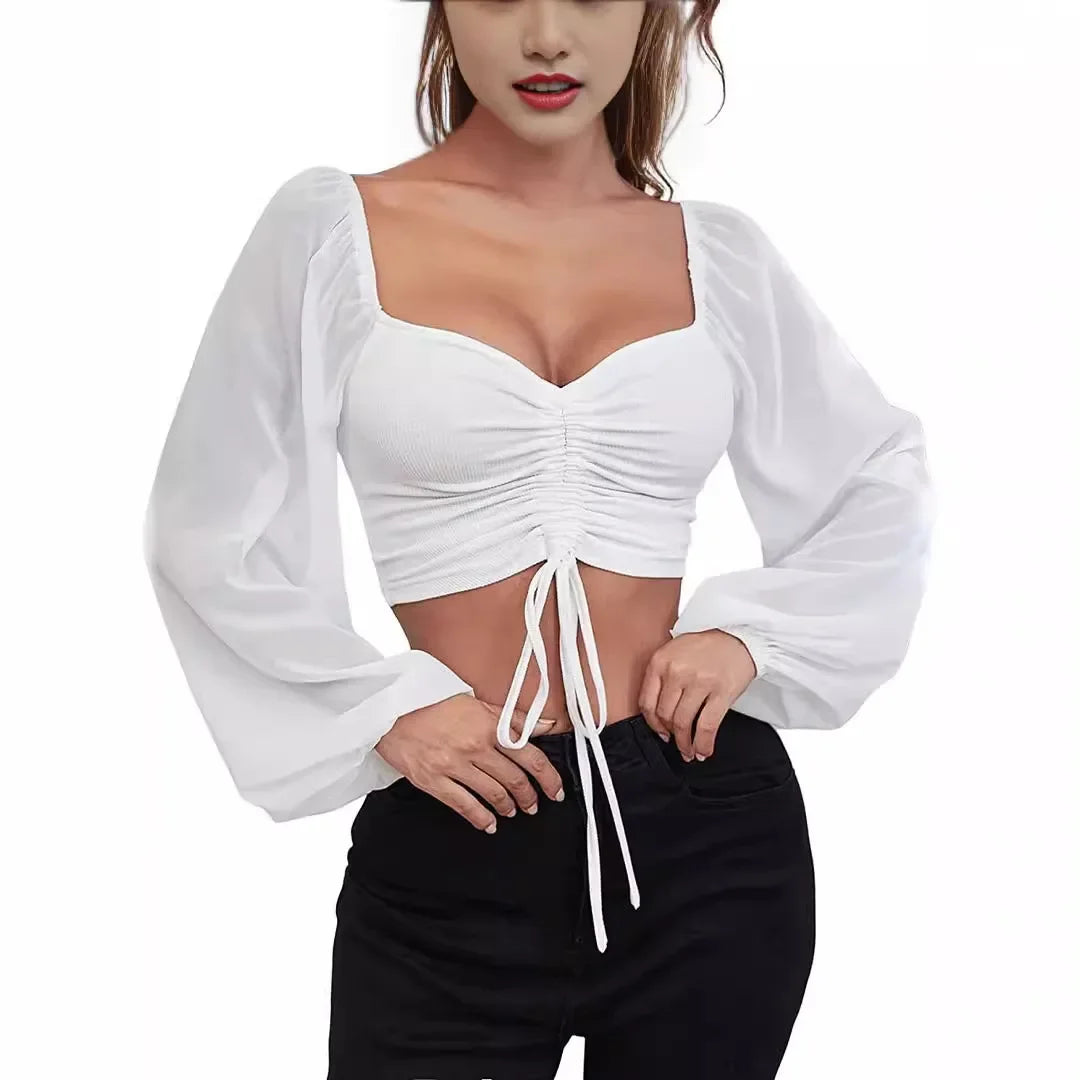 Sexy Women Mesh Lantern Sleeves Wrap Chest Bare Midriff T Shirt.