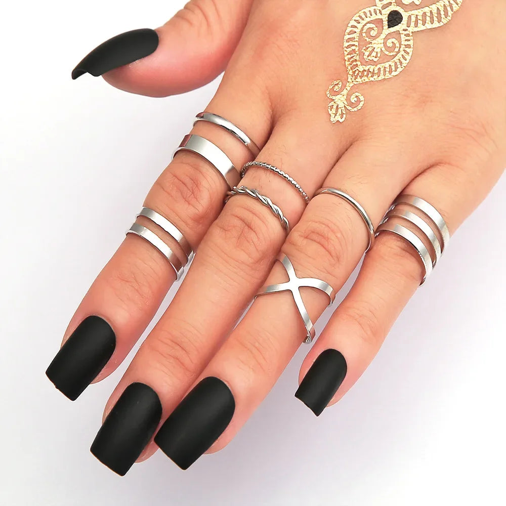 7pcs Fashion Jewelry Rings Set Metal Hollow Round Opening Ring.